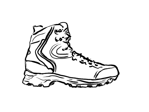 Illustration d'une botte de marche en noir et blanc représentant la deuxième étape de La grande traversée.